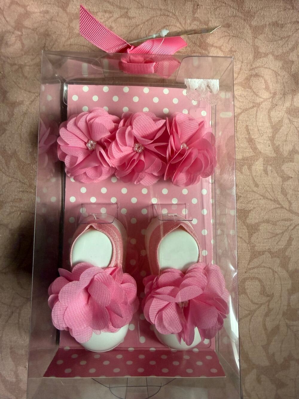 Baby Girls Pink Flower Barefoot Sandals & Chiffon Blossom Headband, Gift Set